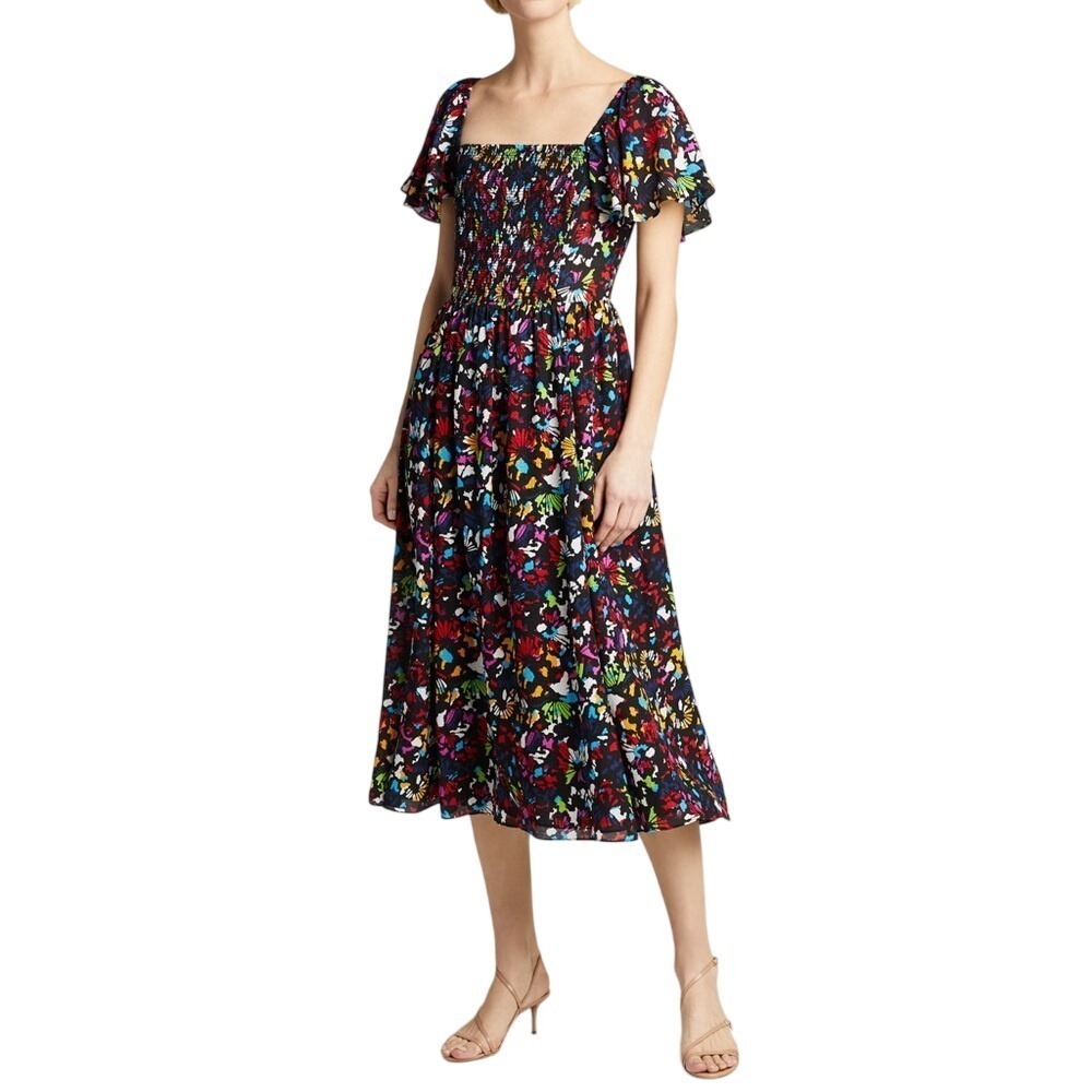 Tanya Taylor Silk Midi Dress Rainbow Confetti Smocked Flutter Sleeve Size Medium